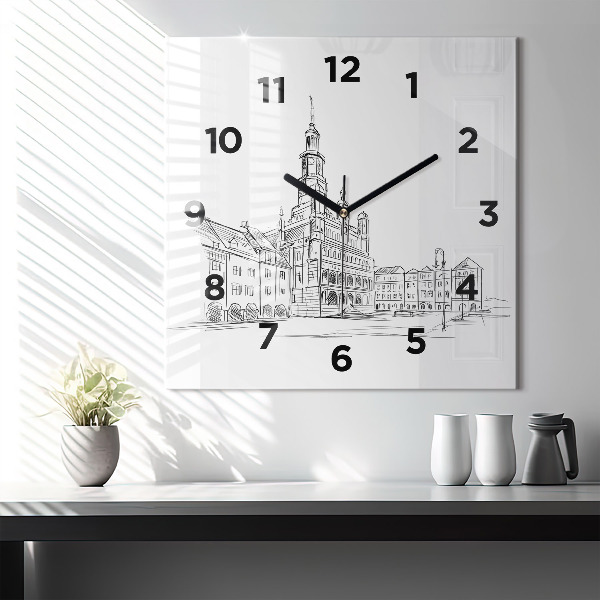 Square glass wall clock Sketch of the old town of Poznań