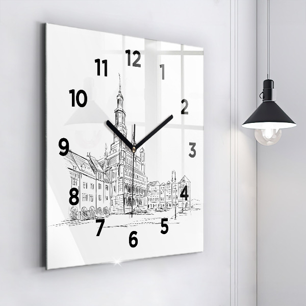 Square glass wall clock Sketch of the old town of Poznań
