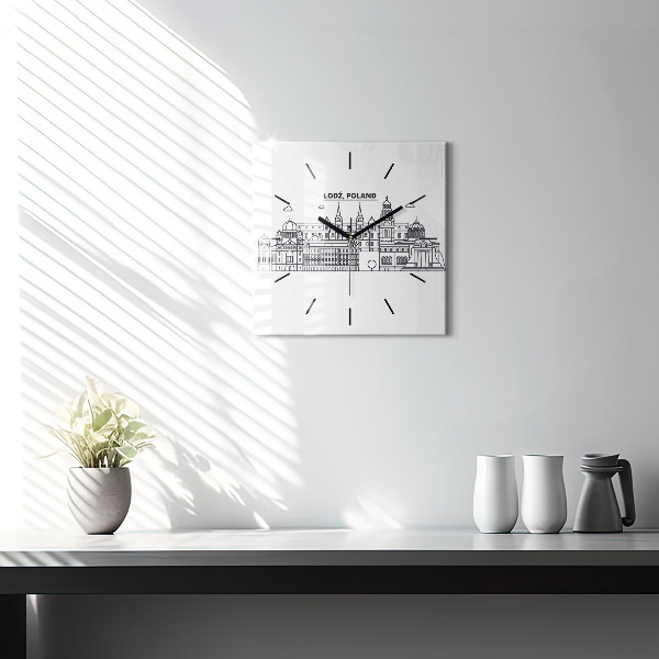 Square glass wall clock Lodz architecture panorama