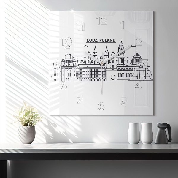 Square glass wall clock Lodz architecture panorama