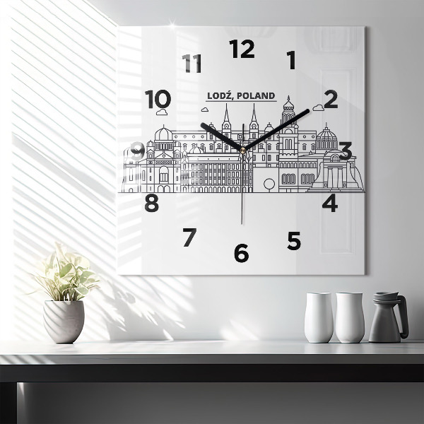 Square glass wall clock Lodz architecture panorama