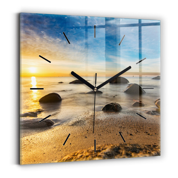 Square glass wall clock Sunrise Baltic Sea