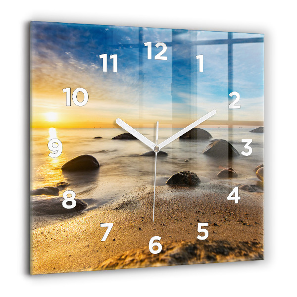 Square glass wall clock Sunrise Baltic Sea