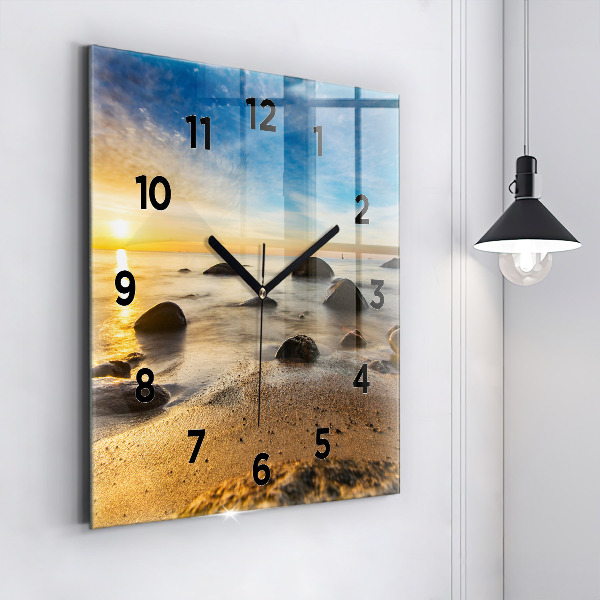 Square glass wall clock Sunrise Baltic Sea