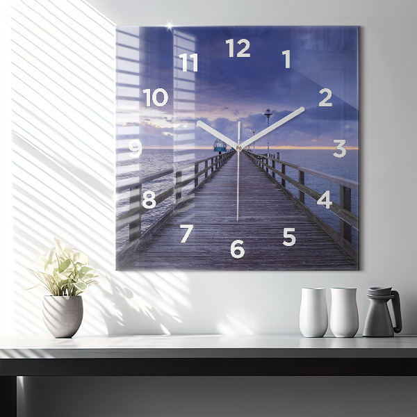 Square glass wall clock Pier on the Baltic Sea