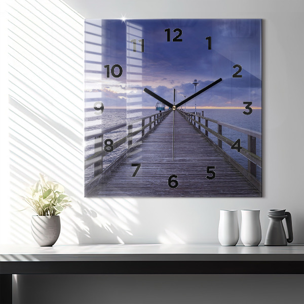 Square glass wall clock Pier on the Baltic Sea
