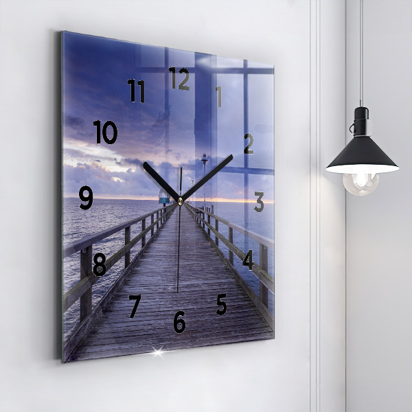 Square glass wall clock Pier on the Baltic Sea