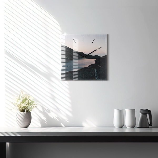 Square glass wall clock Lake and mountains