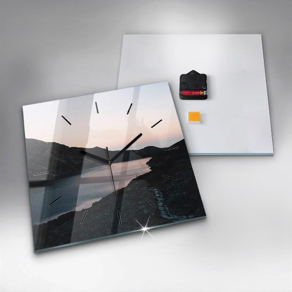 Square glass wall clock Lake and mountains