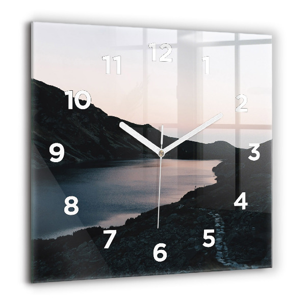 Square glass wall clock Lake and mountains