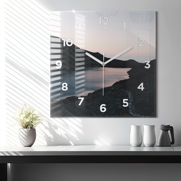 Square glass wall clock Lake and mountains