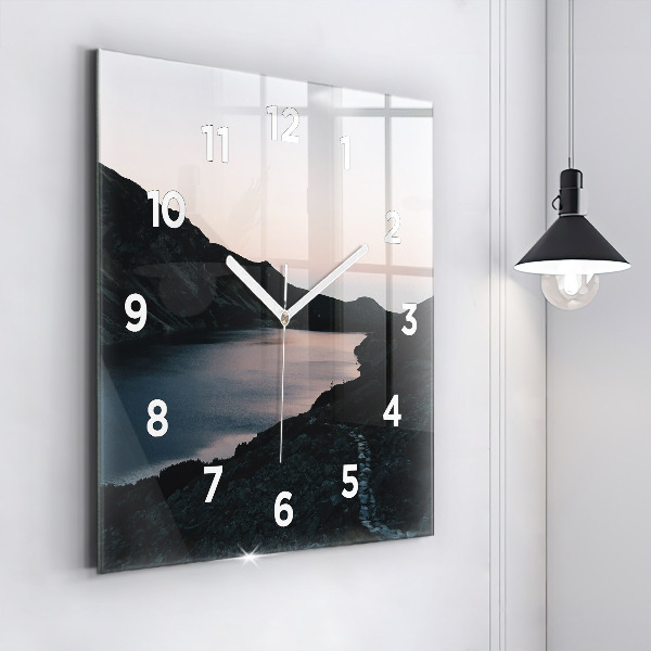 Square glass wall clock Lake and mountains
