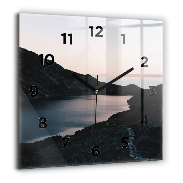Square glass wall clock Lake and mountains