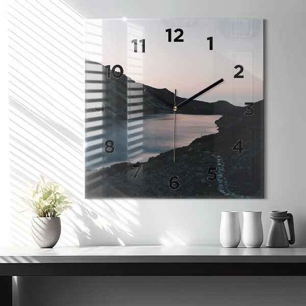 Square glass wall clock Lake and mountains
