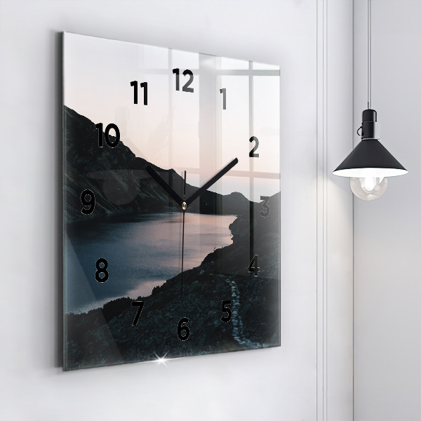 Square glass wall clock Lake and mountains