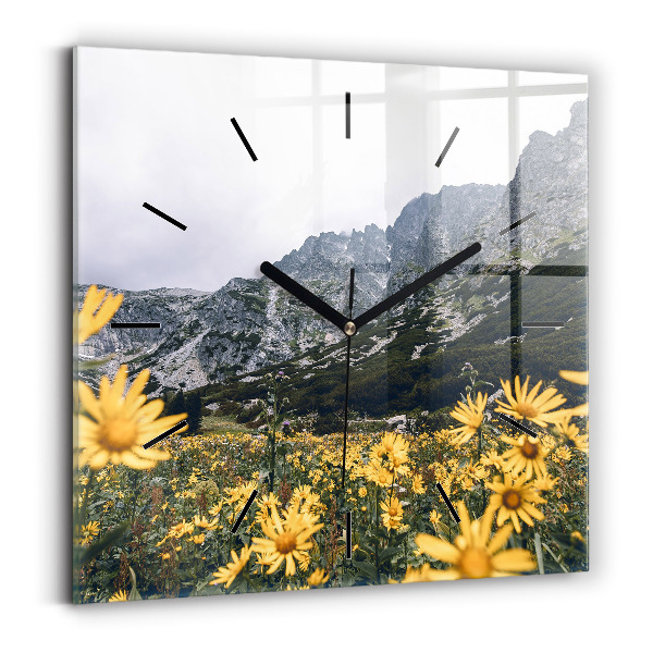 Square glass wall clock Meadow flowers in the mountains