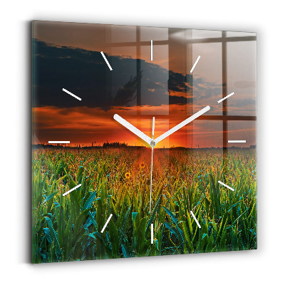 Square glass wall clock Sunflowers in the meadow
