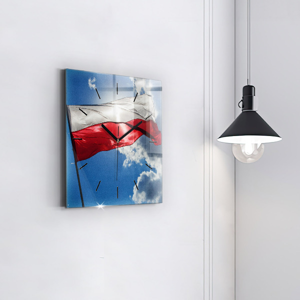 Square glass wall clock The Polish flag against the sky