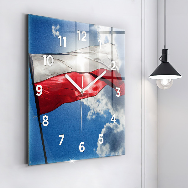 Square glass wall clock The Polish flag against the sky