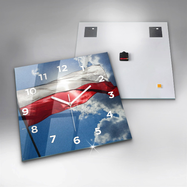 Square glass wall clock The Polish flag against the sky