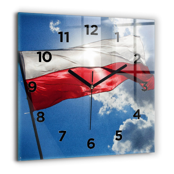 Square glass wall clock The Polish flag against the sky