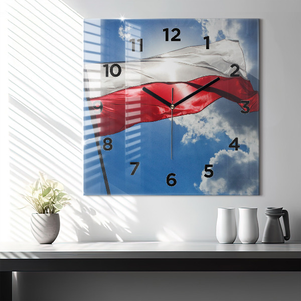 Square glass wall clock The Polish flag against the sky