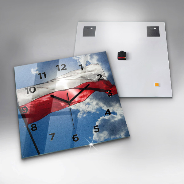Square glass wall clock The Polish flag against the sky