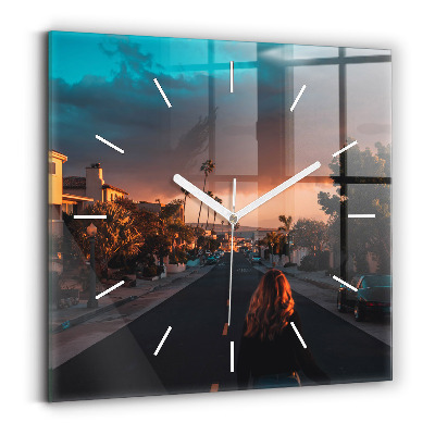 Square glass wall clock Woman on the road