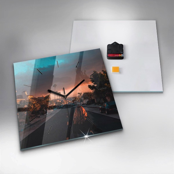 Square glass wall clock Woman on the road