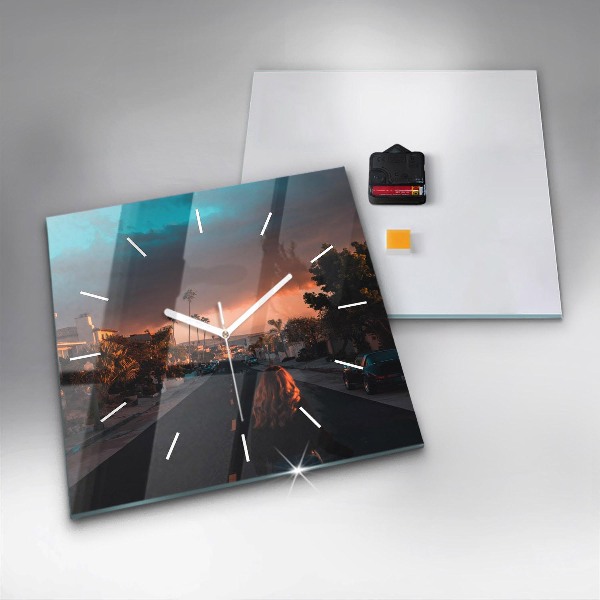 Square glass wall clock Woman on the road