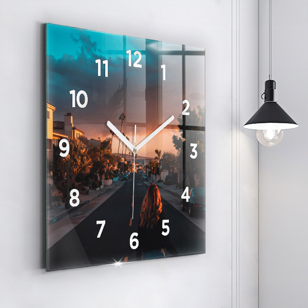 Square glass wall clock Woman on the road