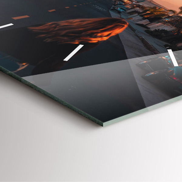 Square glass wall clock Woman on the road