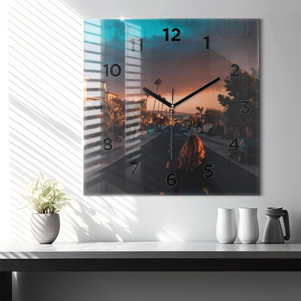 Square glass wall clock Woman on the road