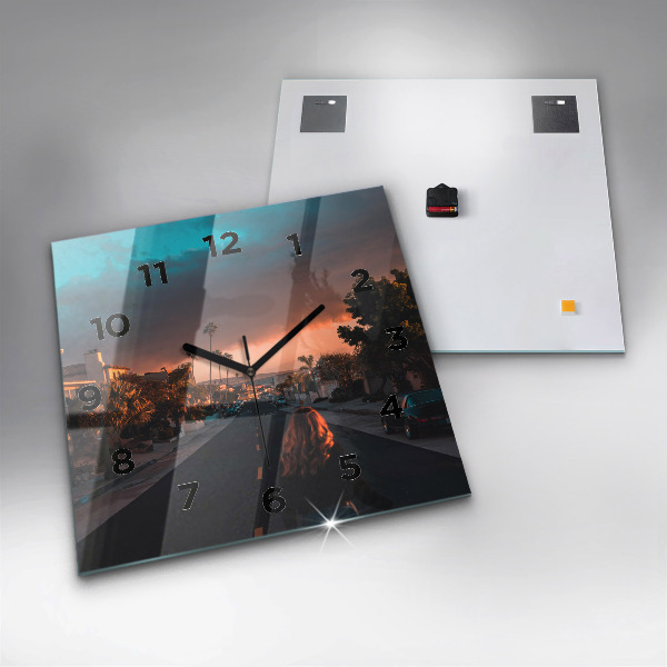 Square glass wall clock Woman on the road