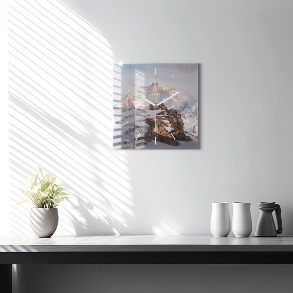 Square glass wall clock A mountain covered in snow