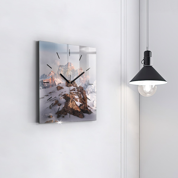 Square glass wall clock A mountain covered in snow
