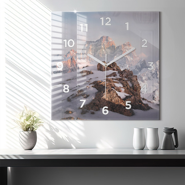 Square glass wall clock A mountain covered in snow