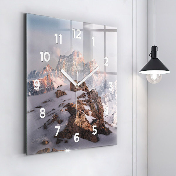 Square glass wall clock A mountain covered in snow