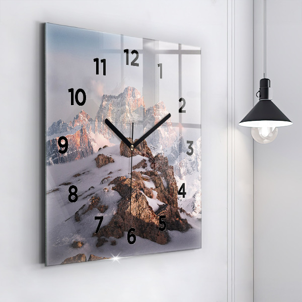 Square glass wall clock A mountain covered in snow