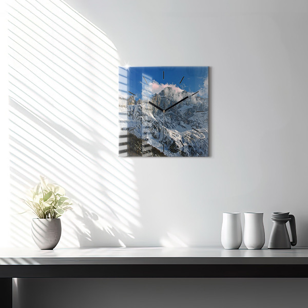 Square glass wall clock Mountains under blue sky