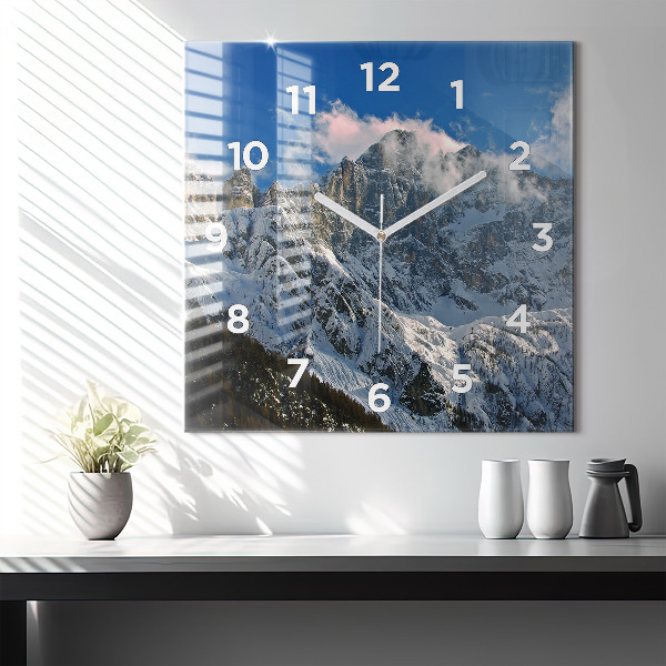 Square glass wall clock Mountains under blue sky