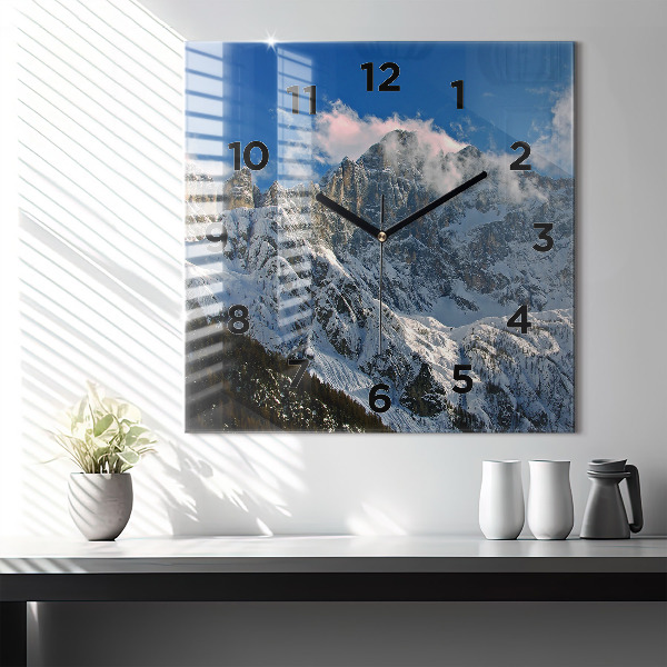 Square glass wall clock Mountains under blue sky