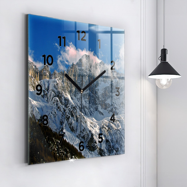 Square glass wall clock Mountains under blue sky