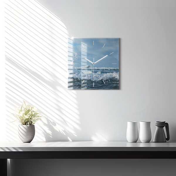 Square glass wall clock Sea wave photography