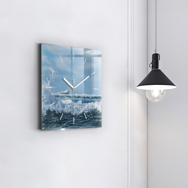 Square glass wall clock Sea wave photography