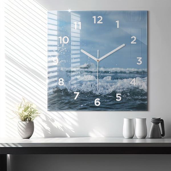 Square glass wall clock Sea wave photography
