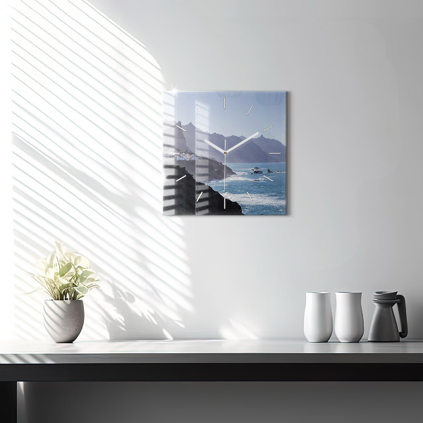 Square glass wall clock Mountains by the ocean