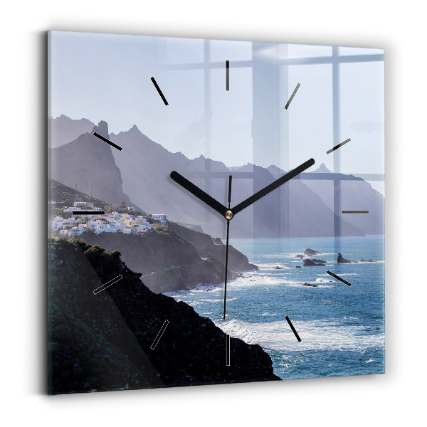 Square glass wall clock Mountains by the ocean