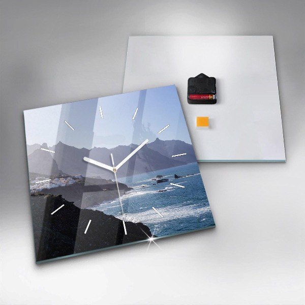 Square glass wall clock Mountains by the ocean