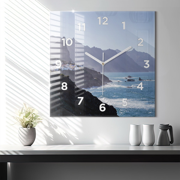 Square glass wall clock Mountains by the ocean
